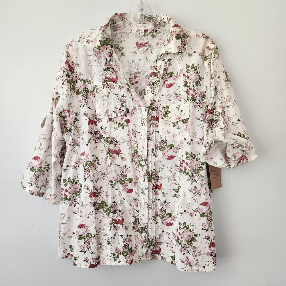 Eden & Olivia Button Up Shirt Women's XL Cotton Tan Pink Floral Cottagecore Boho